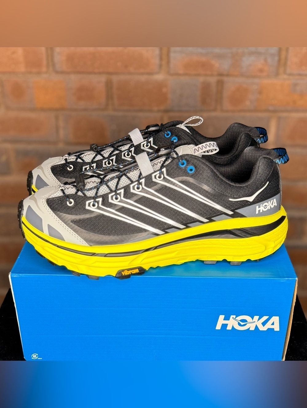 HOKA Mafate Three2 Vibram Black Grey Yellow Men’s 10.5 Women’s 11.5 (169)